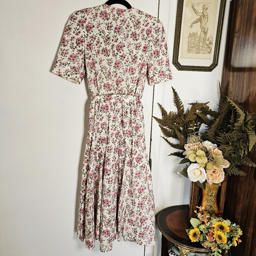 80s Floral Pink Green Cotton Midi Tea Dress With Matching Belt Handmade Vintage - Picture 8 of 10